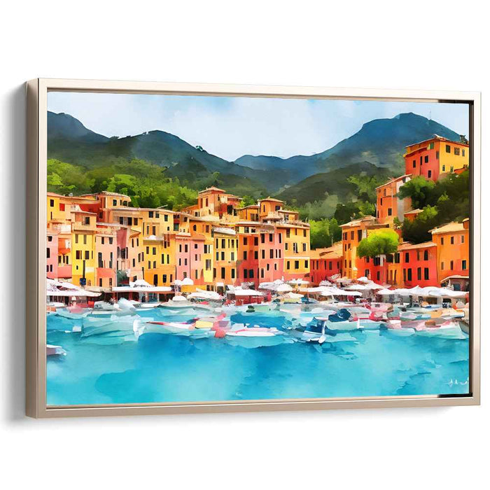Maritime Melody: Vibrant Coastal Town Watercolor Canvas Art Print