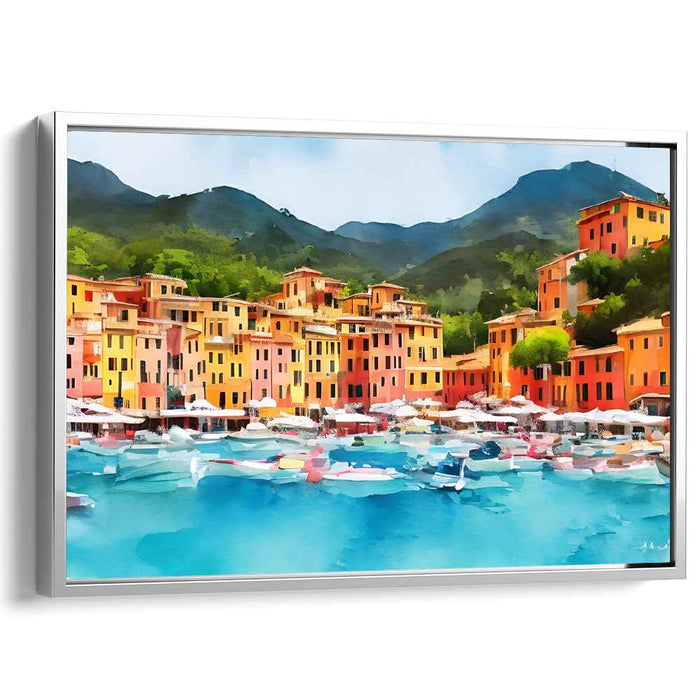Maritime Melody: Vibrant Coastal Town Watercolor Canvas Art Print
