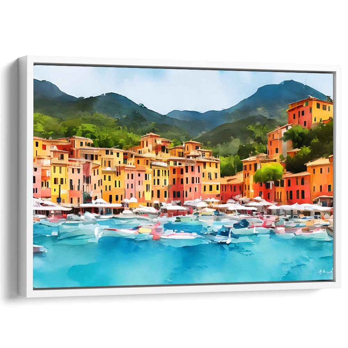 Maritime Melody: Vibrant Coastal Town Watercolor Canvas Art Print