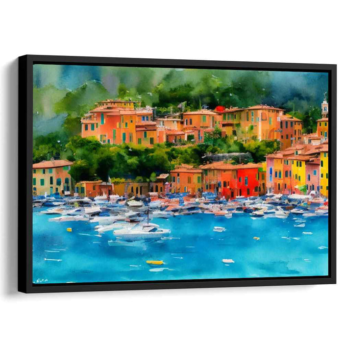 Wanderlust Waves and Watercolors: Vibrant Watercolor Town and Tranquil Sea Canvas Art