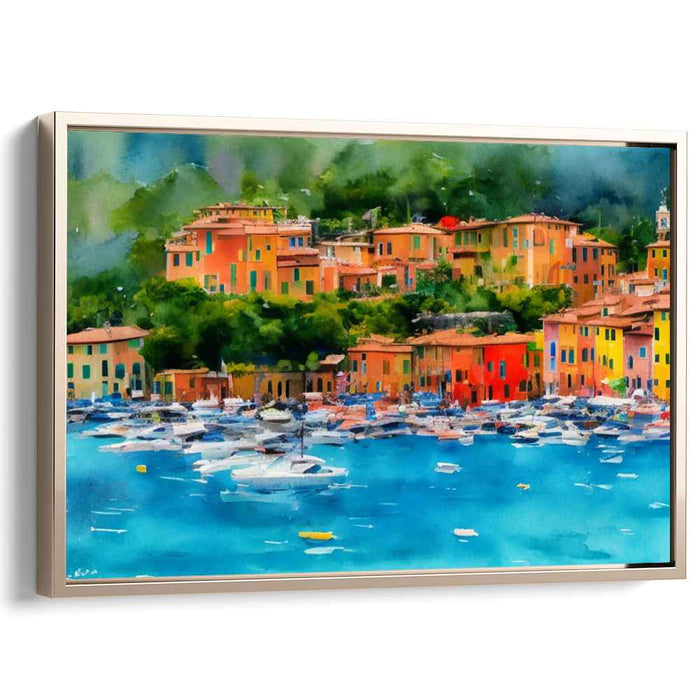 Wanderlust Waves and Watercolors: Vibrant Watercolor Town and Tranquil Sea Canvas Art