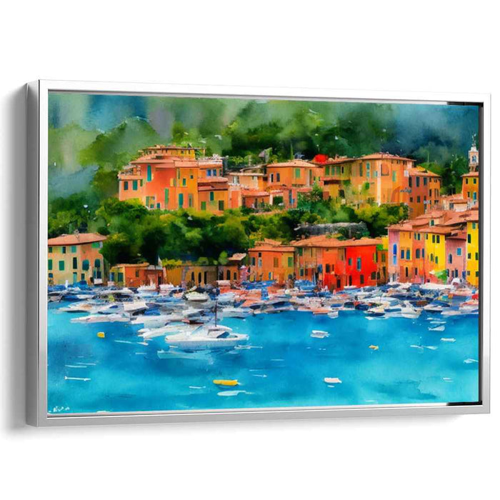 Wanderlust Waves and Watercolors: Vibrant Watercolor Town and Tranquil Sea Canvas Art
