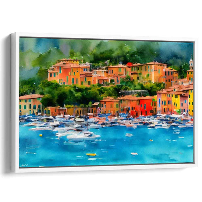 Wanderlust Waves and Watercolors: Vibrant Watercolor Town and Tranquil Sea Canvas Art