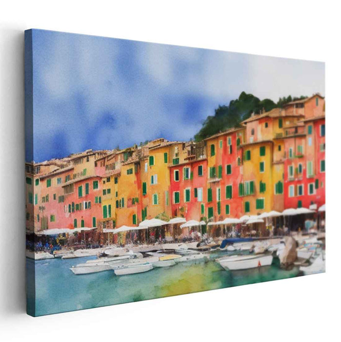 Mediterranean Waterfront: Vibrant Coastal Town Watercolor Canvas Art