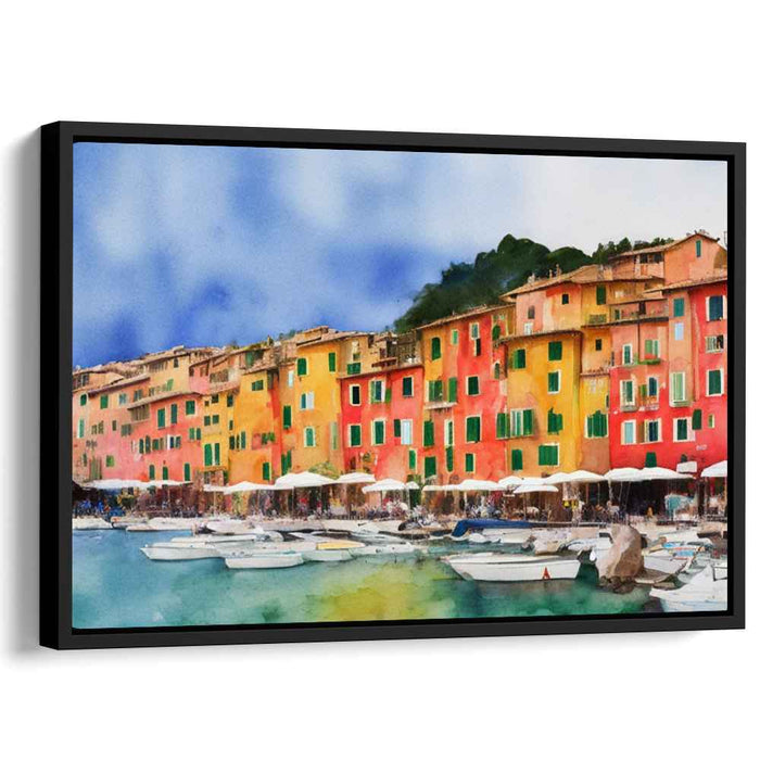 Mediterranean Waterfront: Vibrant Coastal Town Watercolor Canvas Art