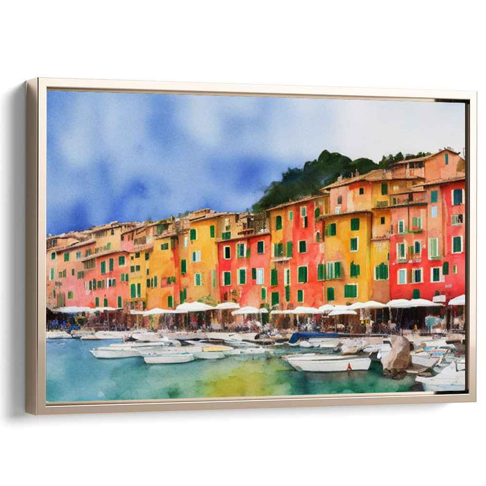 Mediterranean Waterfront: Vibrant Coastal Town Watercolor Canvas Art
