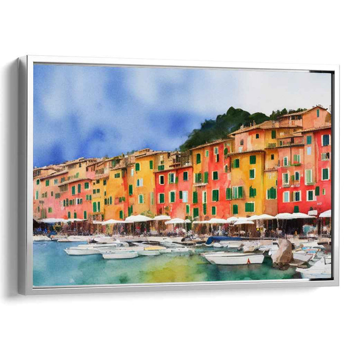 Mediterranean Waterfront: Vibrant Coastal Town Watercolor Canvas Art