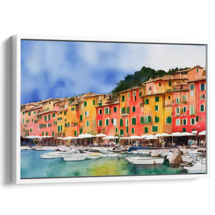 Mediterranean Waterfront: Vibrant Coastal Town Watercolor Canvas Art