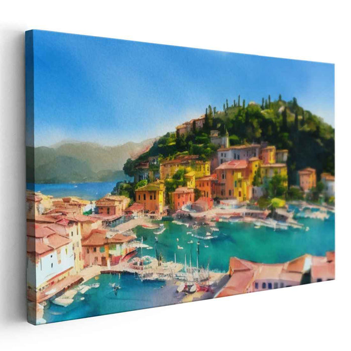 Tranquil Harbor View: Serene Coastal Village Watercolor Canvas Art Print
