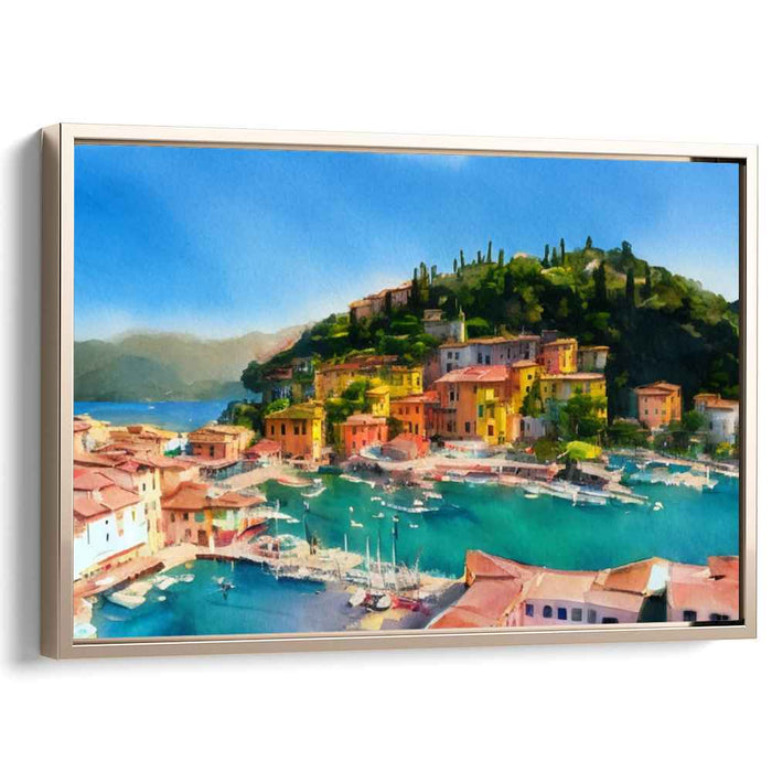 Tranquil Harbor View: Serene Coastal Village Watercolor Canvas Art Print