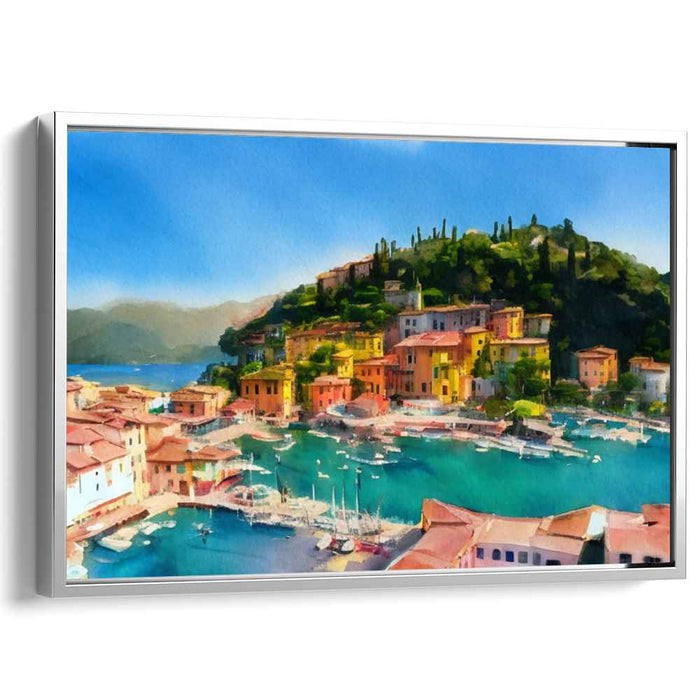 Tranquil Harbor View: Serene Coastal Village Watercolor Canvas Art Print
