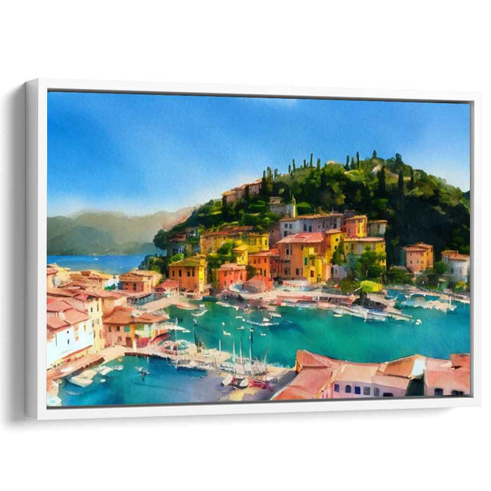 Tranquil Harbor View: Serene Coastal Village Watercolor Canvas Art Print