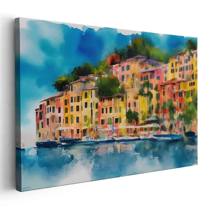 Seaside Palette Symphony: Vibrant Coastal Townscape Watercolor Print