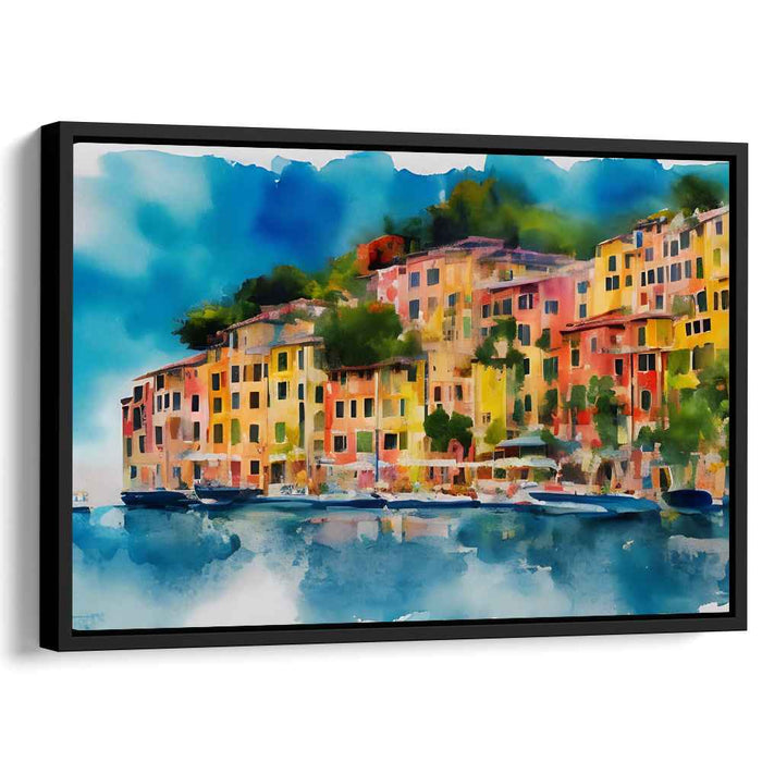 Seaside Palette Symphony: Vibrant Coastal Townscape Watercolor Print
