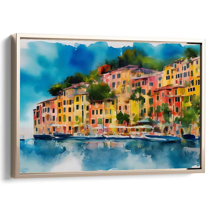 Seaside Palette Symphony: Vibrant Coastal Townscape Watercolor Print