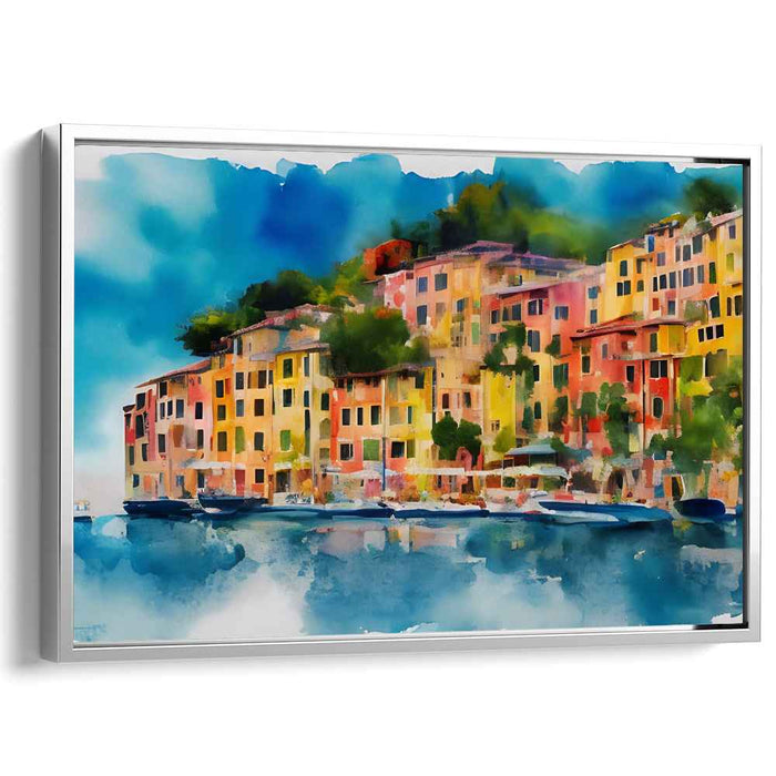 Seaside Palette Symphony: Vibrant Coastal Townscape Watercolor Print