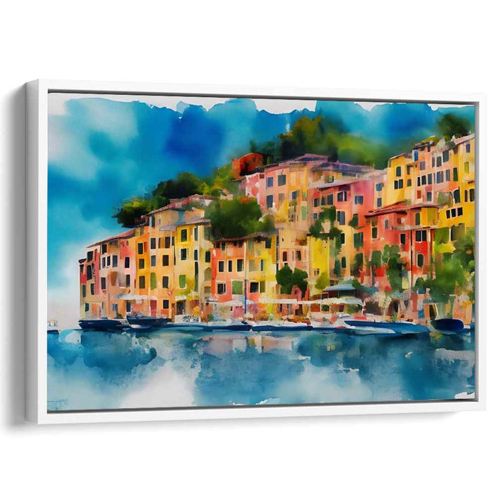 Seaside Palette Symphony: Vibrant Coastal Townscape Watercolor Print