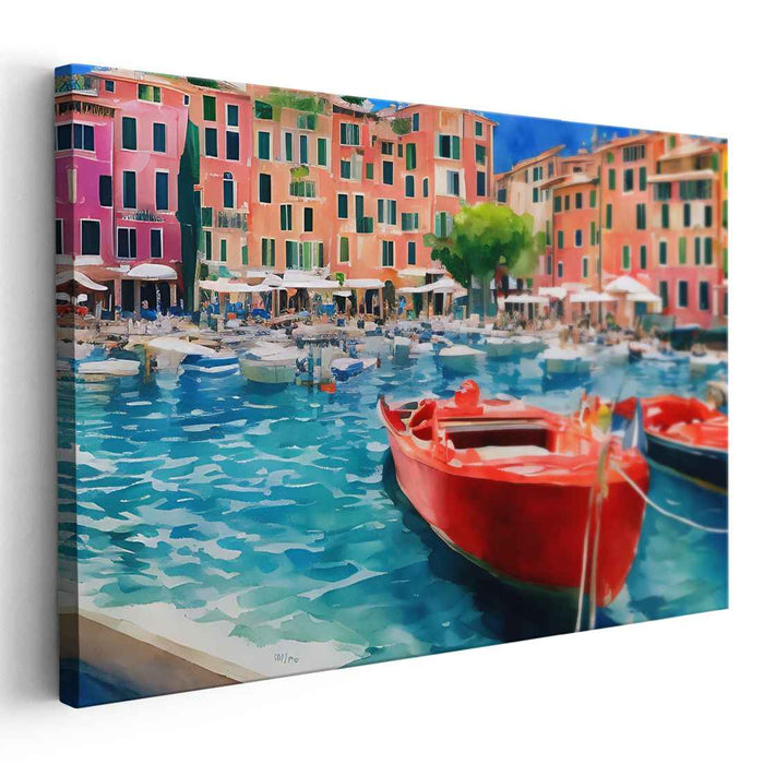 Mediterranean Harbor Delight: Vibrant Waterfront Canvas Art