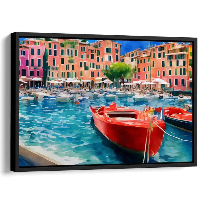 Mediterranean Harbor Delight: Vibrant Waterfront Canvas Art