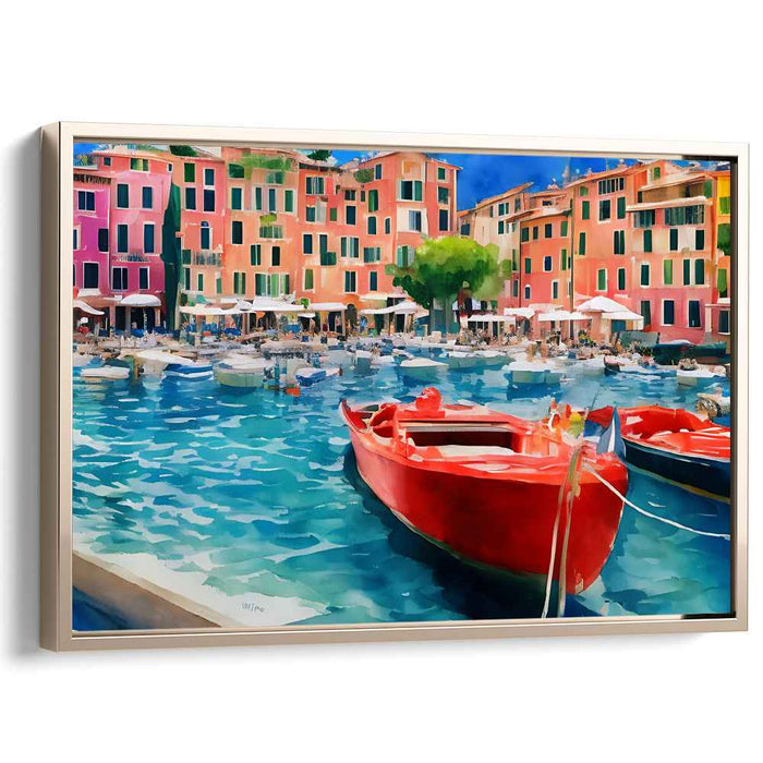 Mediterranean Harbor Delight: Vibrant Waterfront Canvas Art