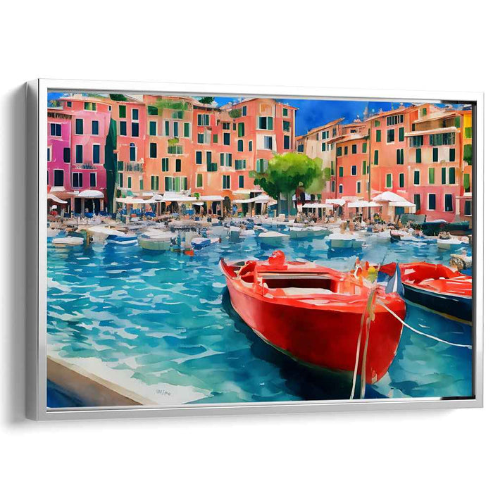 Mediterranean Harbor Delight: Vibrant Waterfront Canvas Art