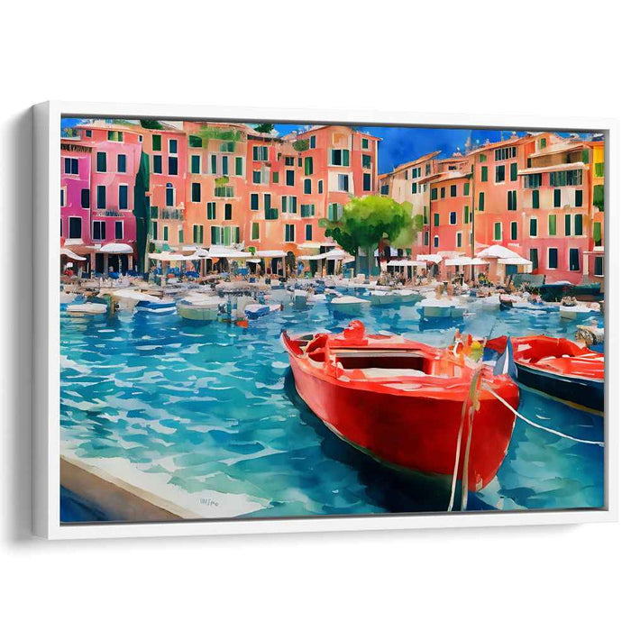 Mediterranean Harbor Delight: Vibrant Waterfront Canvas Art