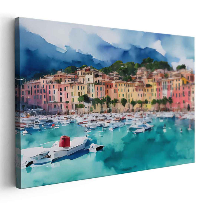 Mediterranean Harbor Dream: Vibrant Coastal Town Watercolor Canvas Art Print