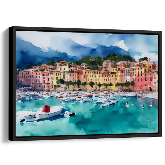 Mediterranean Harbor Dream: Vibrant Coastal Town Watercolor Canvas Art Print