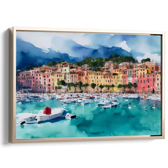 Mediterranean Harbor Dream: Vibrant Coastal Town Watercolor Canvas Art Print