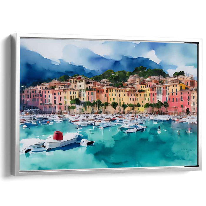 Mediterranean Harbor Dream: Vibrant Coastal Town Watercolor Canvas Art Print