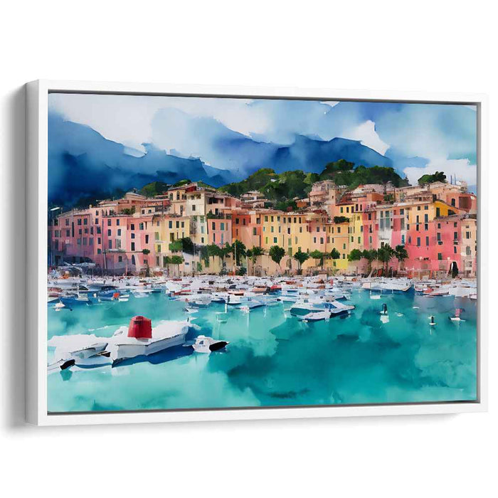 Mediterranean Harbor Dream: Vibrant Coastal Town Watercolor Canvas Art Print