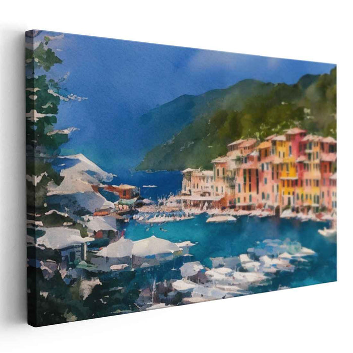 Pastel Seaside Charm: Watercolor Coastal Village Scene