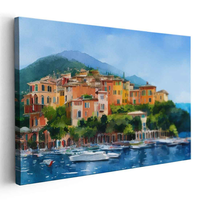 Mediterranean Elegance: Coastal Town and Azure Waters Canvas Art