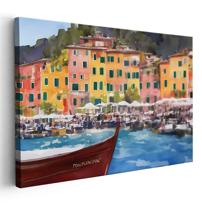 Portofino's Vibrant Waterfront: Lively Mediterranean Harbor Scene Canvas Art