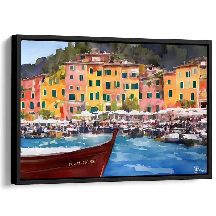 Portofino's Vibrant Waterfront: Lively Mediterranean Harbor Scene Canvas Art