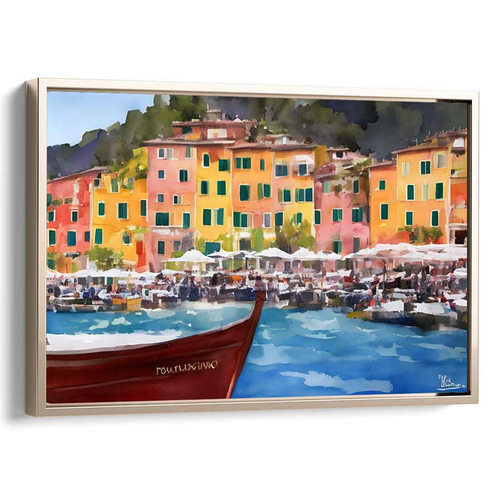 Portofino's Vibrant Waterfront: Lively Mediterranean Harbor Scene Canvas Art