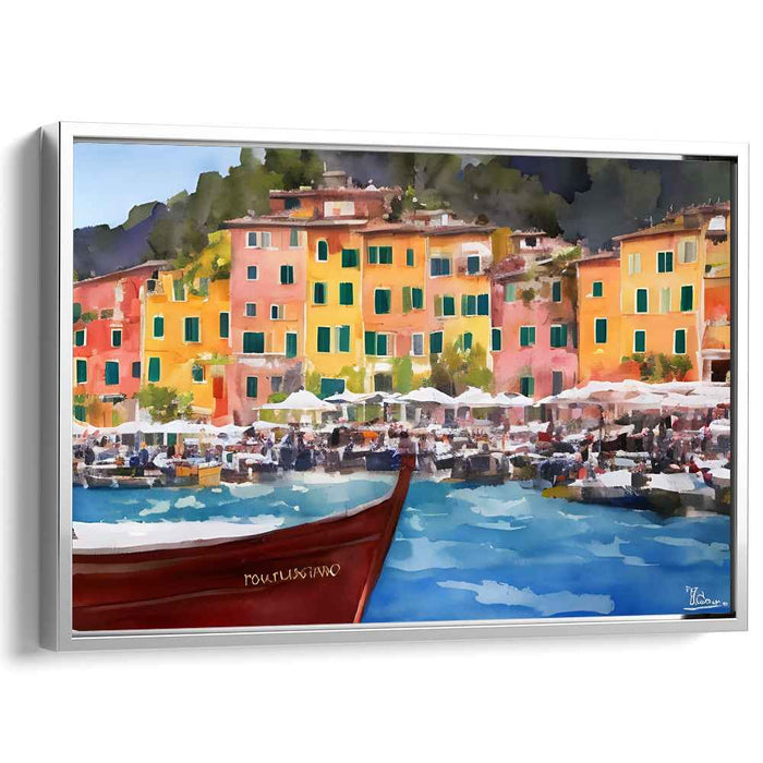 Portofino's Vibrant Waterfront: Lively Mediterranean Harbor Scene Canvas Art