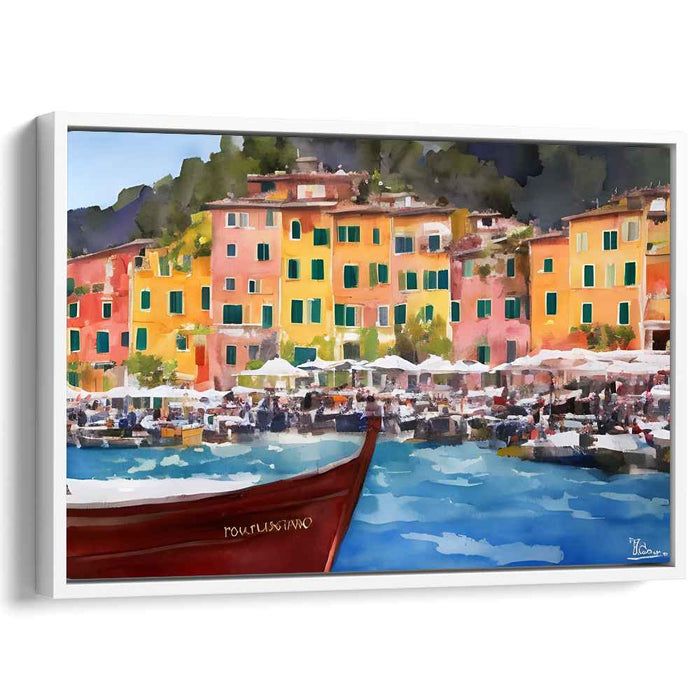 Portofino's Vibrant Waterfront: Lively Mediterranean Harbor Scene Canvas Art