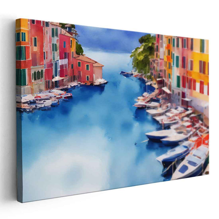Azure Canals: Vivid Watercolor Portofino Escape Canvas Art Print
