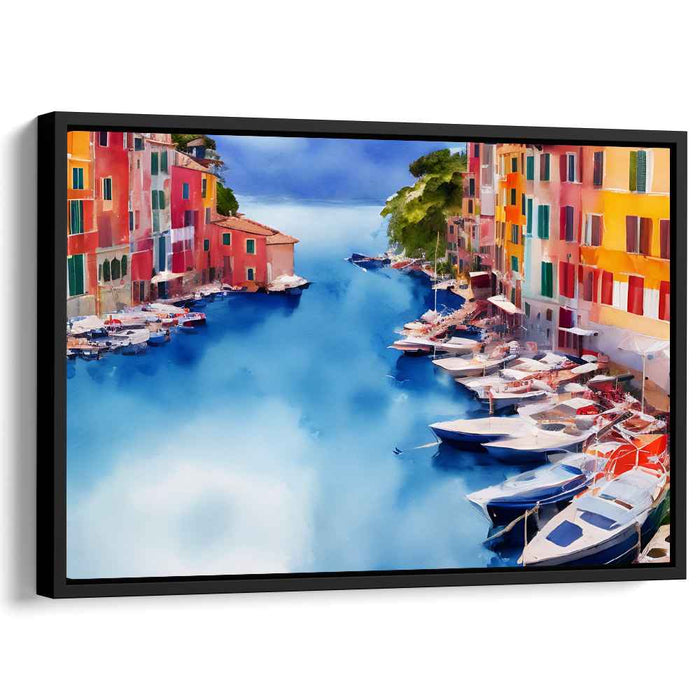 Azure Canals: Vivid Watercolor Portofino Escape Canvas Art Print