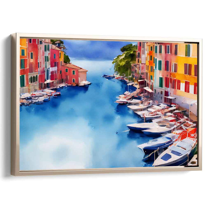 Azure Canals: Vivid Watercolor Portofino Escape Canvas Art Print
