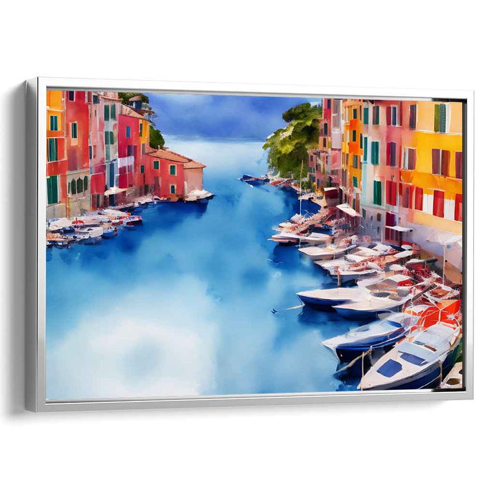 Azure Canals: Vivid Watercolor Portofino Escape Canvas Art Print