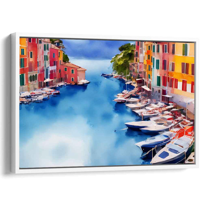 Azure Canals: Vivid Watercolor Portofino Escape Canvas Art Print