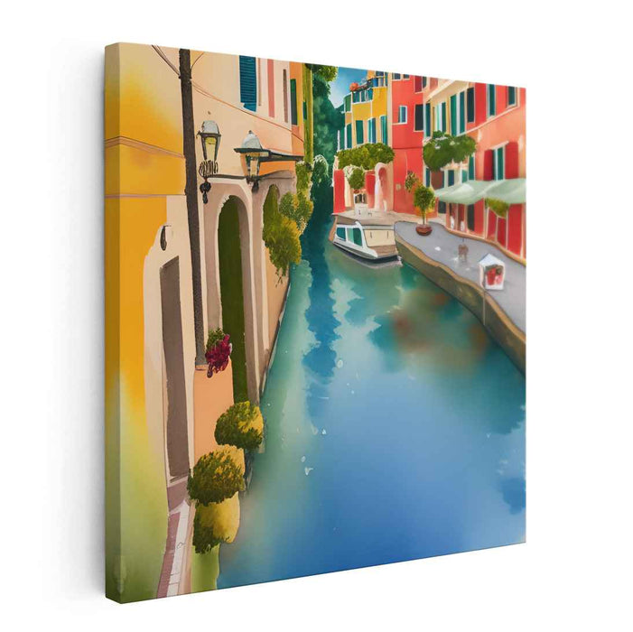 Pastel Waterfront Charm: Tranquil Canal Scene with Vibrant Watercolor Buildings
