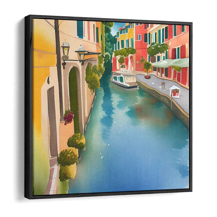 Pastel Waterfront Charm: Tranquil Canal Scene with Vibrant Watercolor Buildings