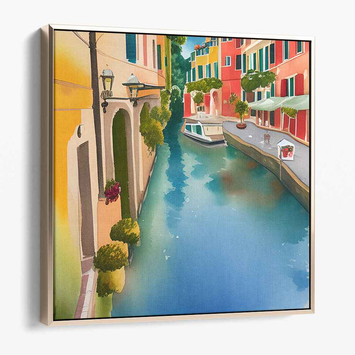 Pastel Waterfront Charm: Tranquil Canal Scene with Vibrant Watercolor Buildings