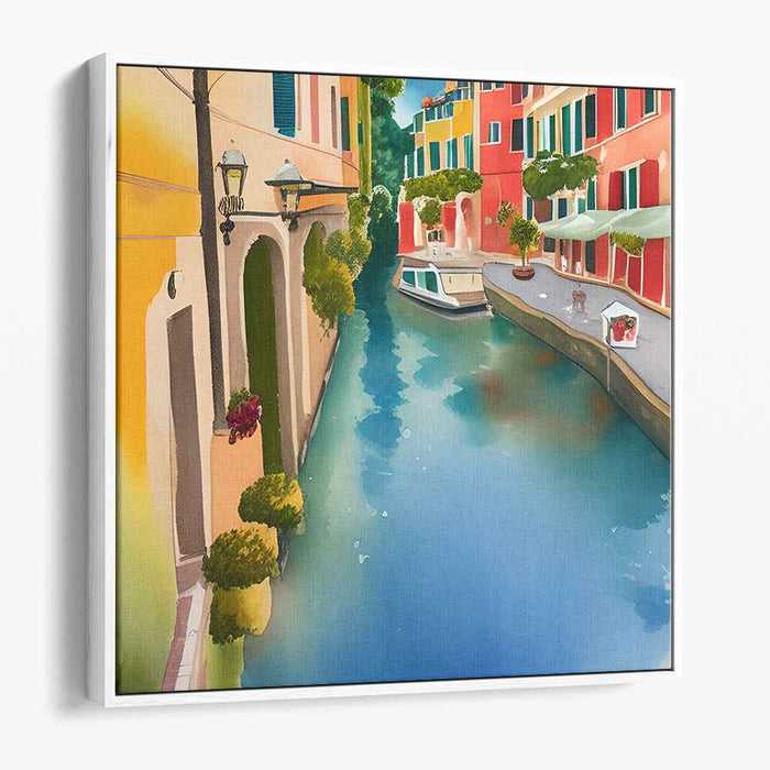 Pastel Waterfront Charm: Tranquil Canal Scene with Vibrant Watercolor Buildings