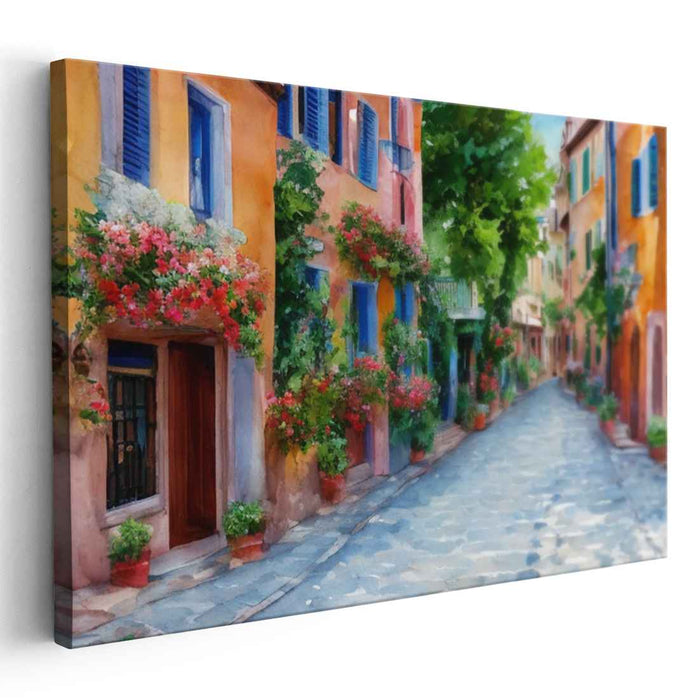 Enchanted Alley: Vibrant Watercolor Street Scene Canvas Art Print