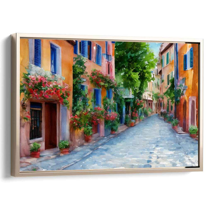 Enchanted Alley: Vibrant Watercolor Street Scene Canvas Art Print