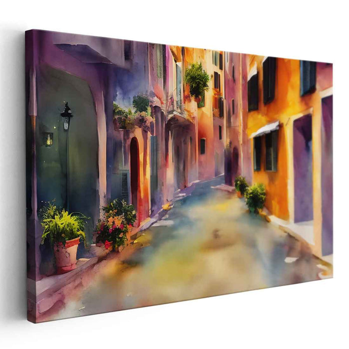 Sunlit Italian Alley: Watercolor Impressionist Village Street Scene